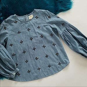 GAP Beaded Chambray Top with Bell Sleeve